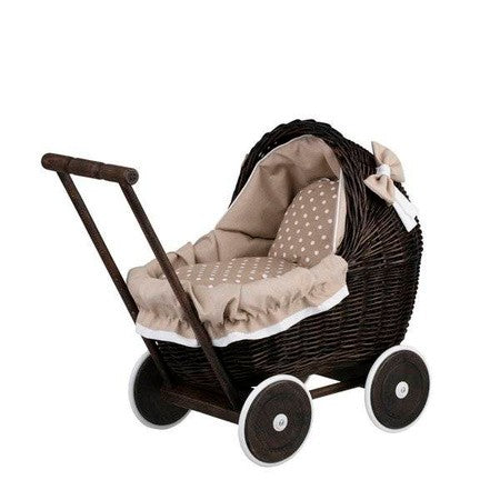 Dark Wicker Doll Pram with Beige Bedding