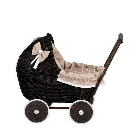 Dark Wicker Doll Pram with Beige Bedding