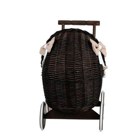 Dark Wicker Doll Pram with Beige Bedding