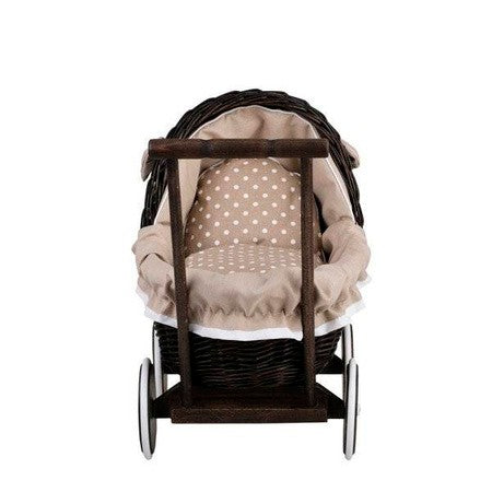 Dark Wicker Doll Pram with Beige Bedding