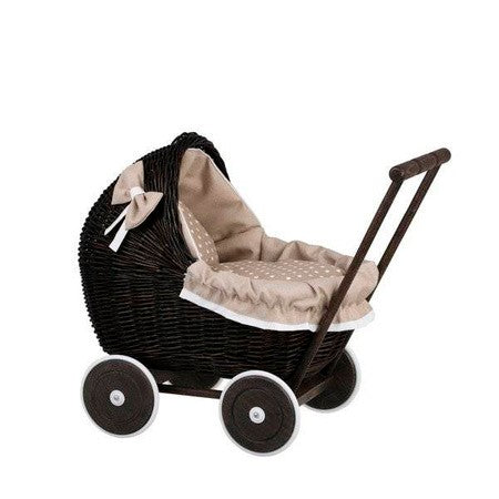Dark Wicker Doll Pram with Beige Bedding