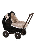 Dark Wicker Doll Pram with Beige Bedding