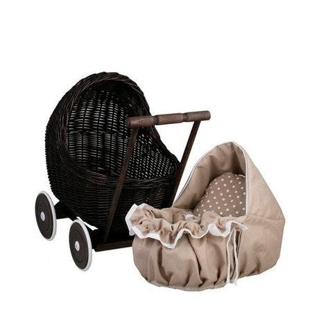 Dark Wicker Doll Pram with Beige Bedding