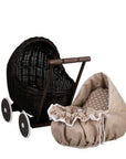 Dark Wicker Doll Pram with Beige Bedding