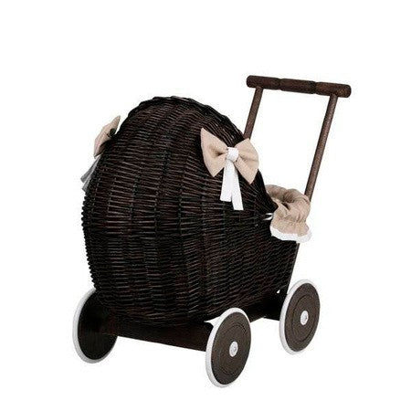Dark Wicker Doll Pram with Beige Bedding