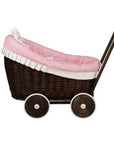 Dark Wicker Doll Pram with Pink Bedding