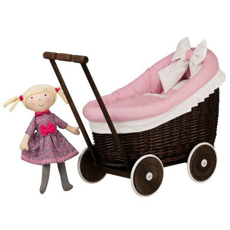 Dark Wicker Doll Pram with Pink Bedding