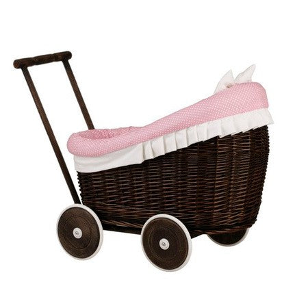 Dark Wicker Doll Pram with Pink Bedding