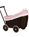Dark Wicker Doll Pram with Pink Bedding