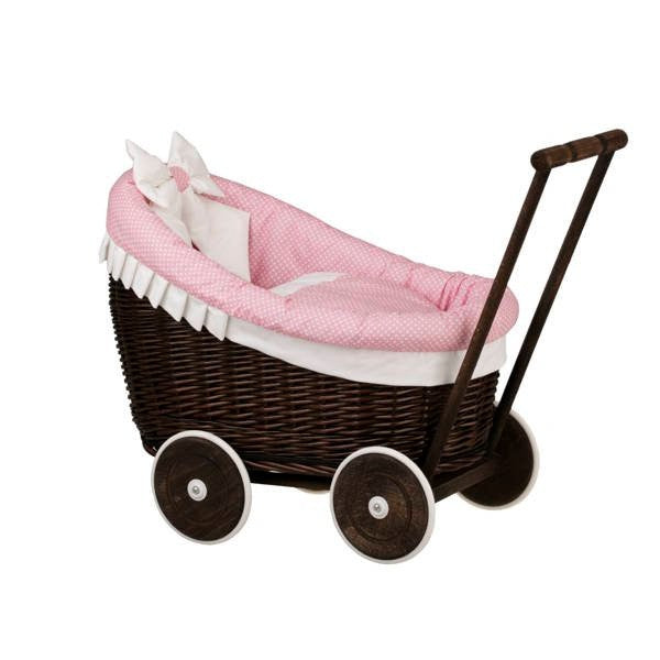Dark Wicker Doll Pram with Pink Bedding