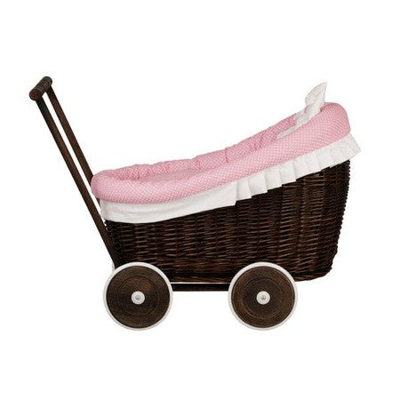 Dark Wicker Doll Pram with Pink Bedding