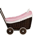 Dark Wicker Doll Pram with Pink Bedding