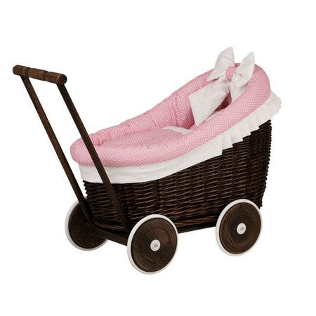 Dark Wicker Doll Pram with Pink Bedding