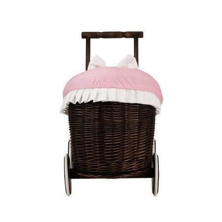 Dark Wicker Doll Pram with Pink Bedding