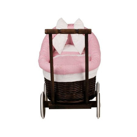 Dark Wicker Doll Pram with Pink Bedding