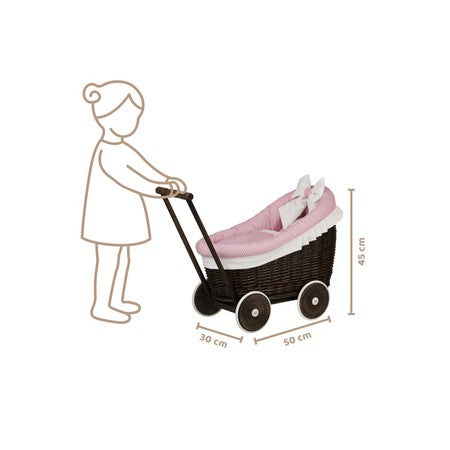 Dark Wicker Doll Pram with Pink Bedding