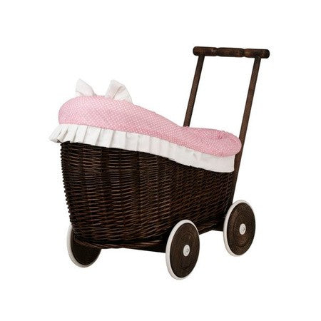 Dark Wicker Doll Pram with Pink Bedding