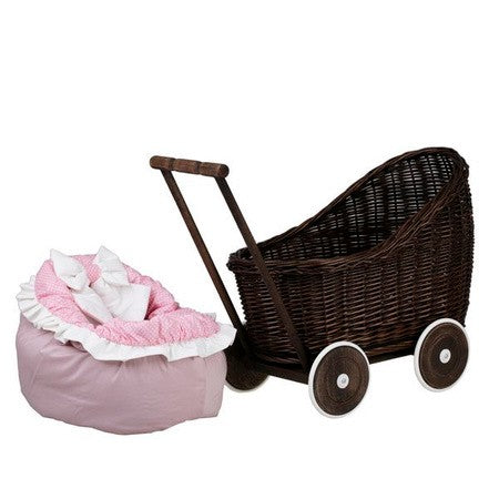 Dark Wicker Doll Pram with Pink Bedding