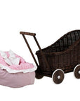 Dark Wicker Doll Pram with Pink Bedding