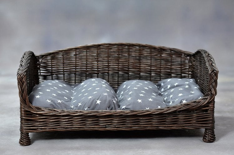 Cozy Dark Wicker Pet Bed with Cushion