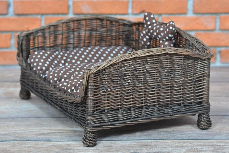 Wicker Pet Bed with Cushion and Bone Toy