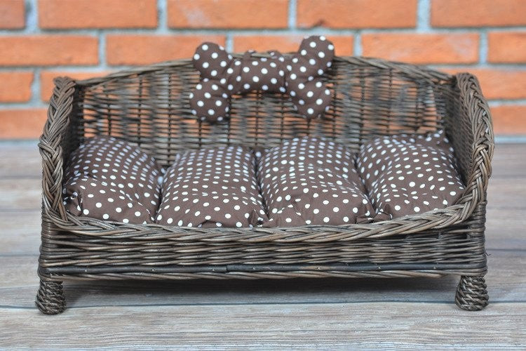 Wicker Pet Bed with Cushion and Bone Toy