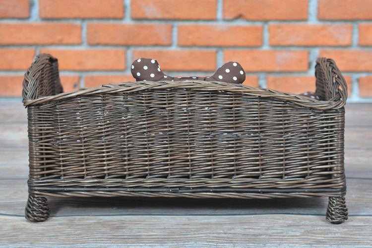 Wicker Pet Bed with Cushion and Bone Toy