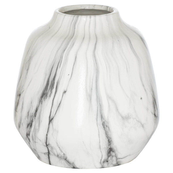 Handcrafted white marble Olpe vase with natural veining, 20cm ceramic decor piece for modern interiors. by Sostter at brixbailey.com