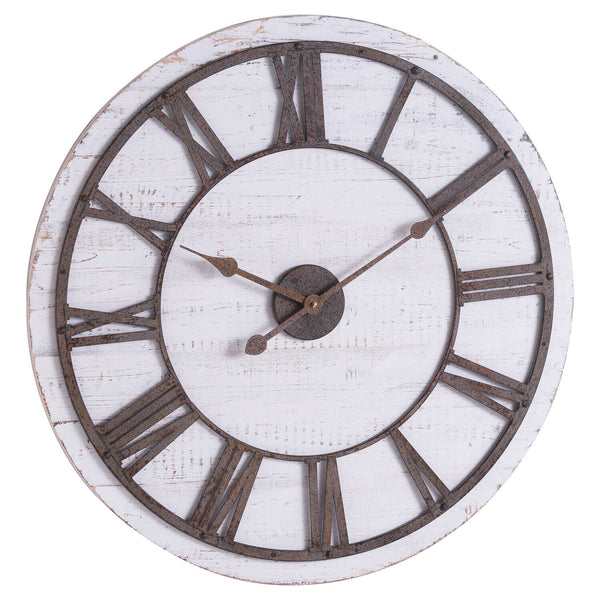 Handcrafted rustic wooden clock with whitewashed finish and antique brass numerals, 68cm farmhouse wall decor by Sostter at brixbailey.com