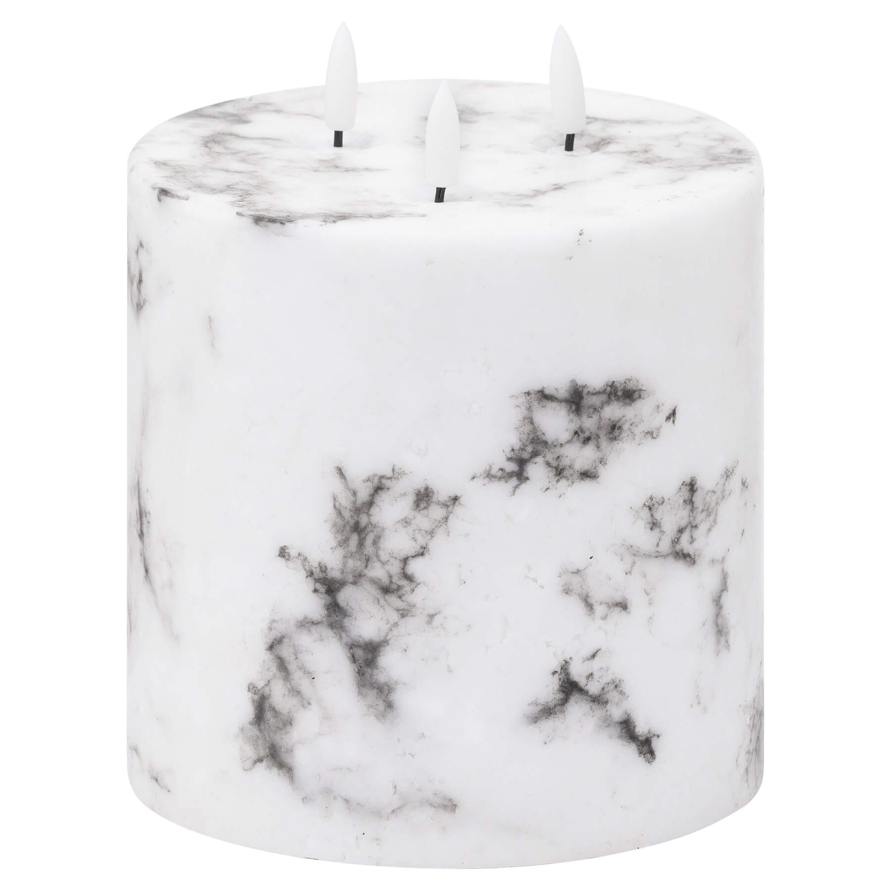 Marble-effect three-wick LED candle with amber flickering lights, elegant white decorative centerpiece by Sostter at brixbailey.com