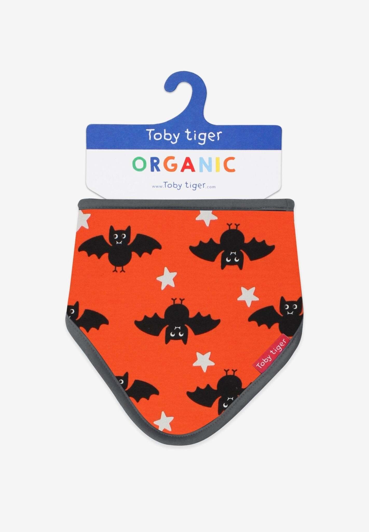 Premium organic baby bandana bib, 100% GOTS certified cotton, soft absorbent fabric, adjustable snap closure, stylish bat print, eco-friendly dyes, machine washable by Toby Tiger at brixbailey.com