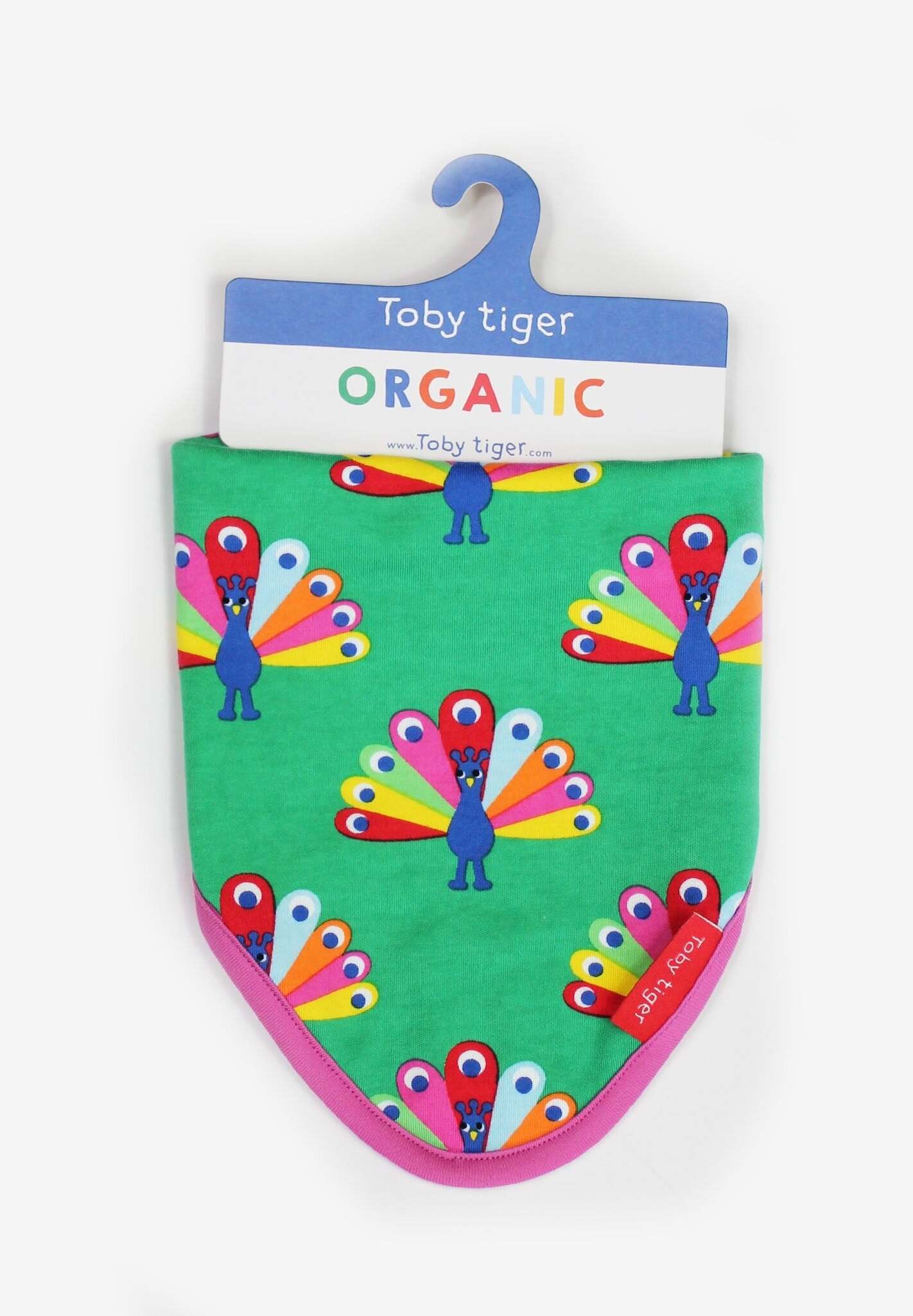 Premium Peacock Print Organic Cotton Baby Bib with Snap Buttons for Mess-Free Feeding and Teething by Toby Tiger at brixbailey.com