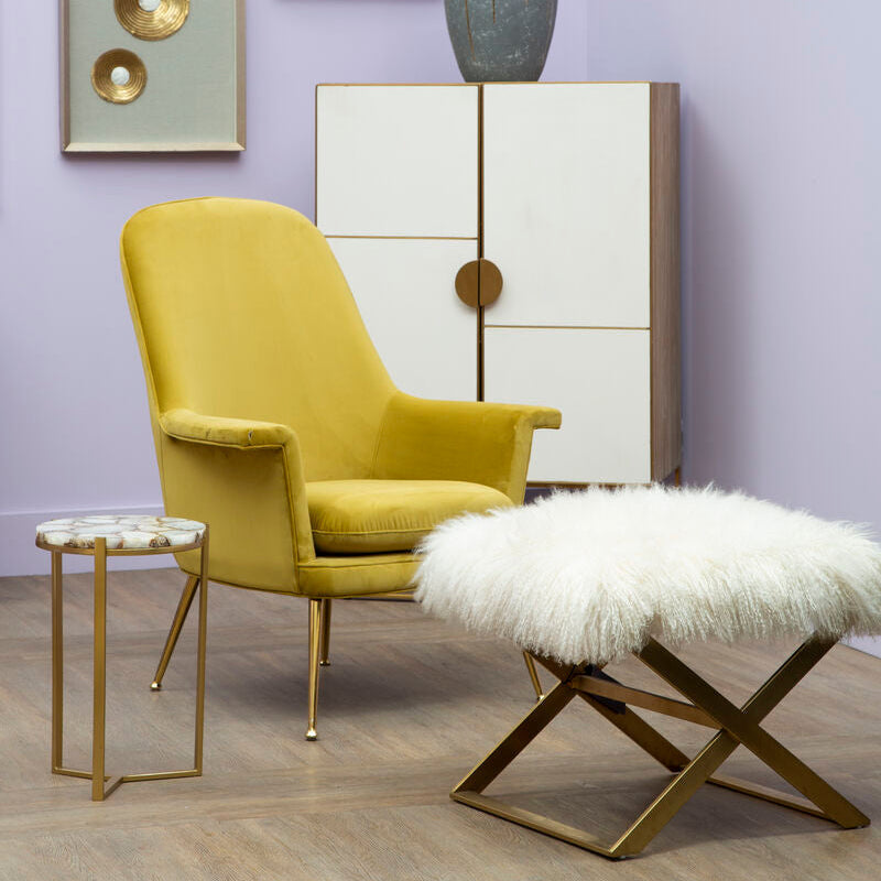 Anafi White Sheepskin Stool with Gold Finish Base