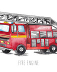 Personalised Watercolour Fire Engine Art Print – Kids Wall Art for Nursery or Bedroom, A3/A4 Sizes
