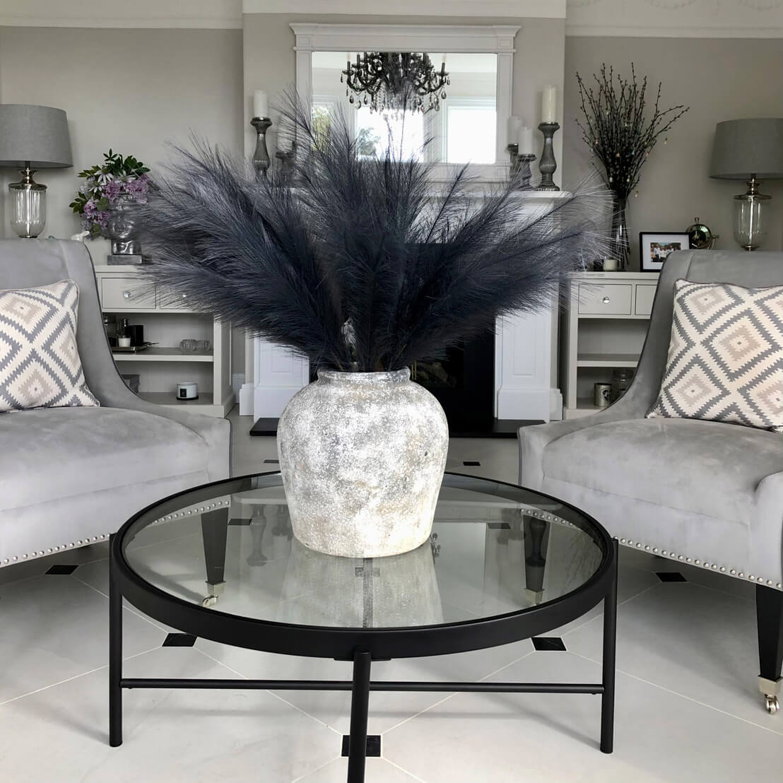 Elegant Grey Faux Pampas Grass Stem | Boho Home Decor
