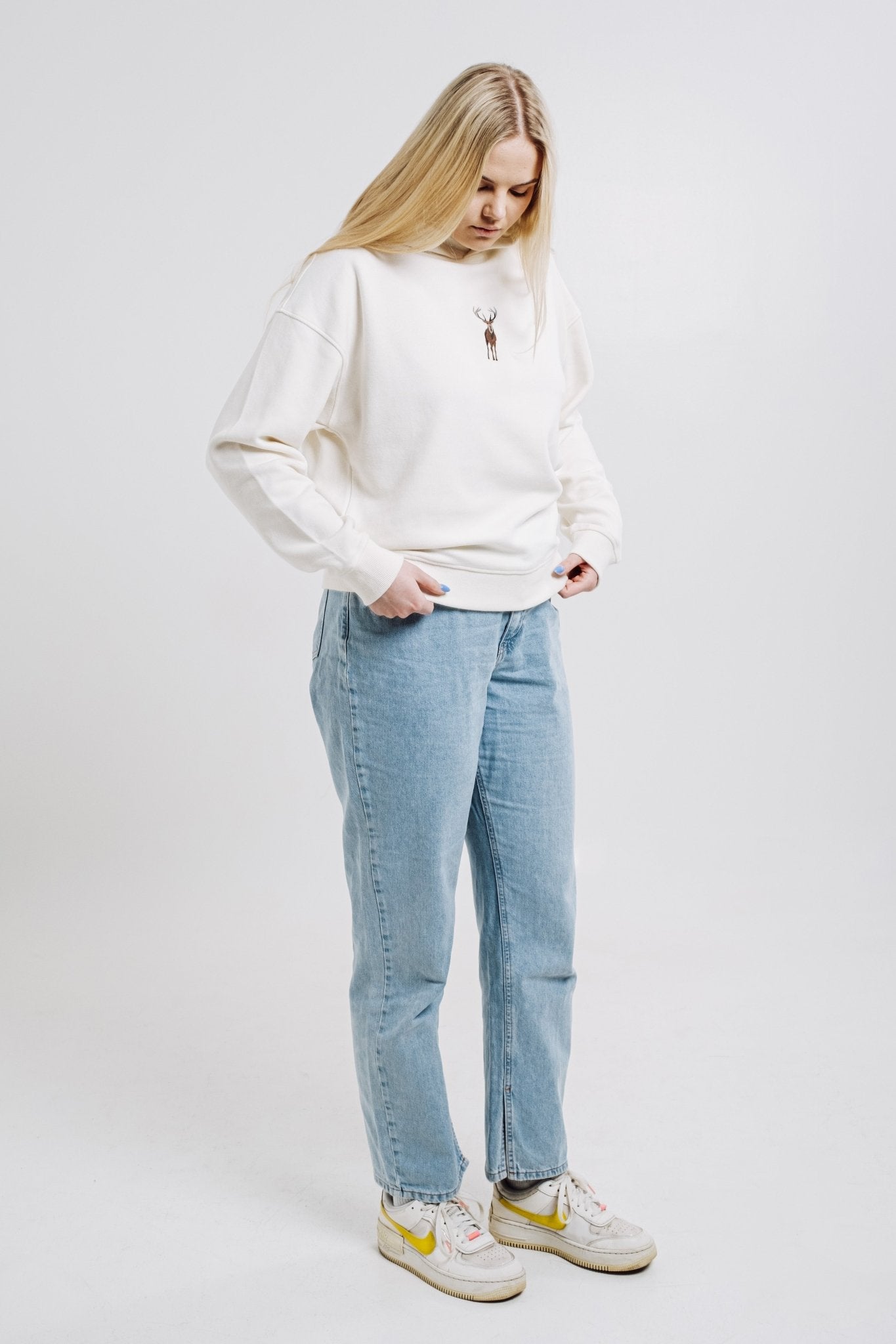 Unisex Cream Hoodie with Embroidered Deer