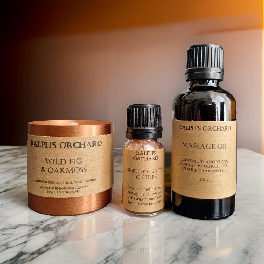 Luxury destress gift set with hand-poured copper candle, premium massage oil, aromatic smelling salts, vegan and eco-friendly by Ralph's Orchard at brixbailey.com