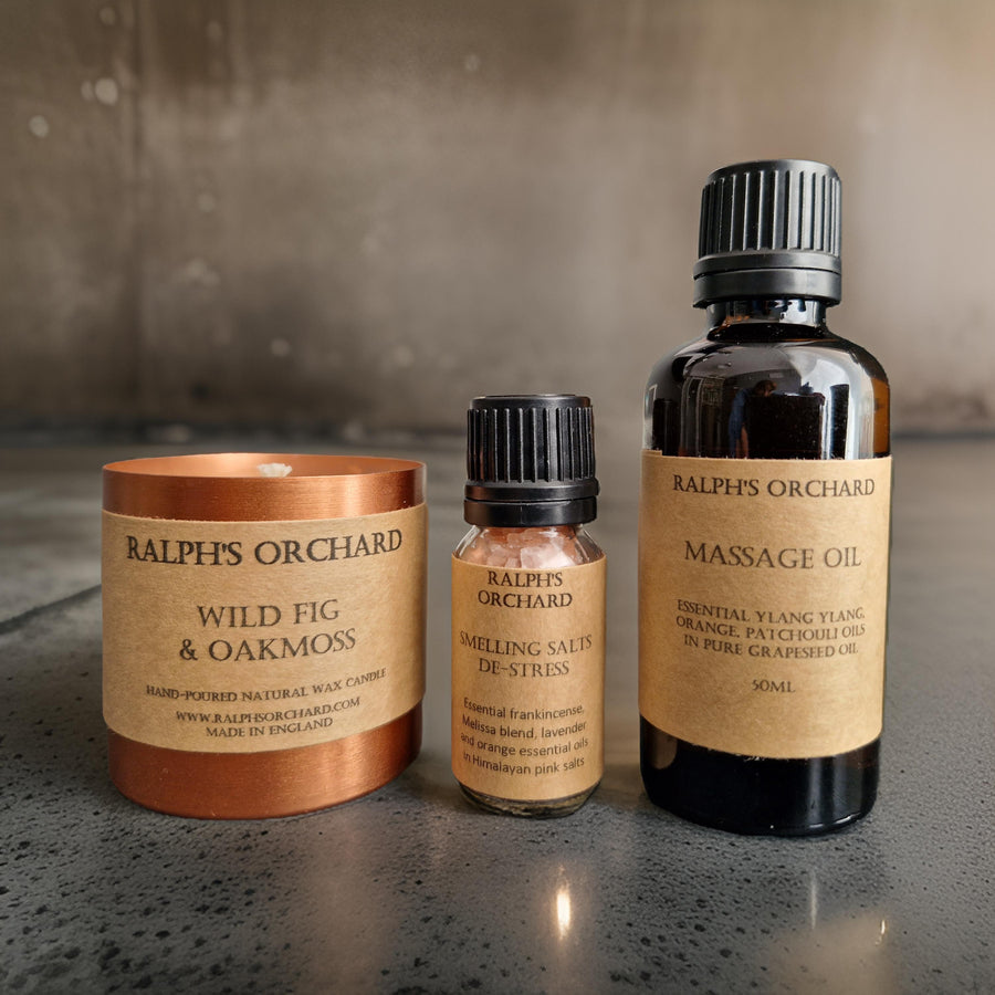 Luxury destress gift set with mini copper scented candle, premium massage oil, and aromatic smelling salts by Ralph's Orchard at brixbailey.com