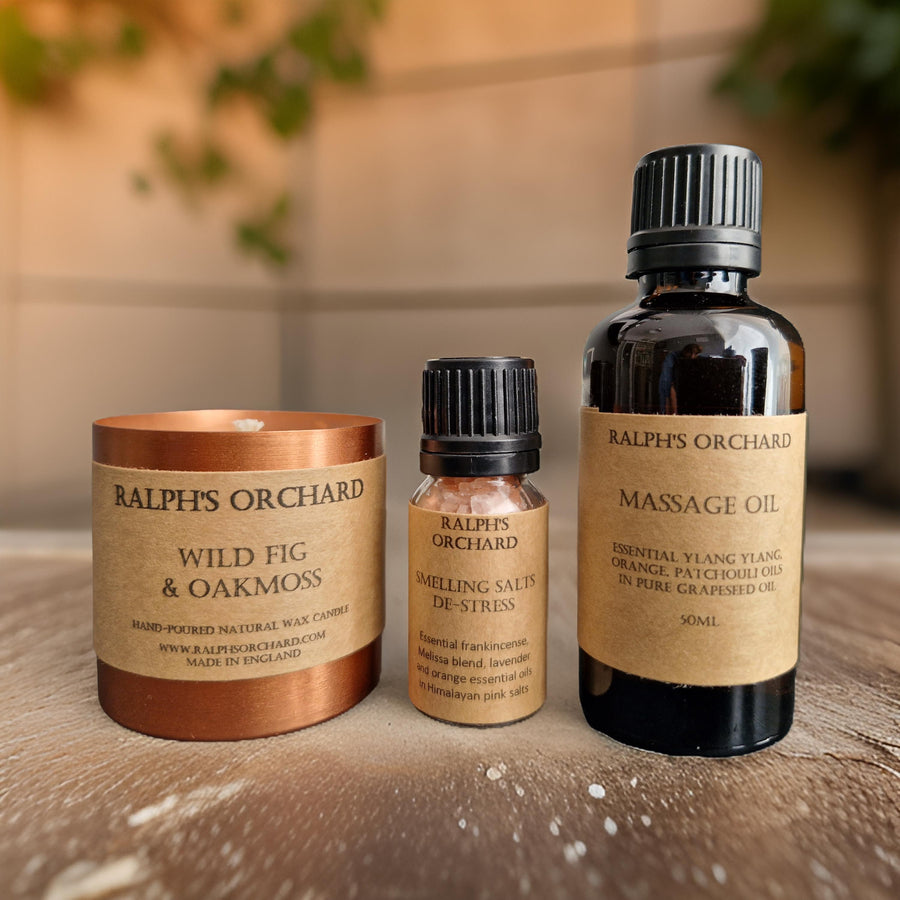 Luxury destress gift set with hand-poured copper candle, premium massage oil, aromatic smelling salts, vegan and cruelty-free by Ralph's Orchard at brixbailey.com