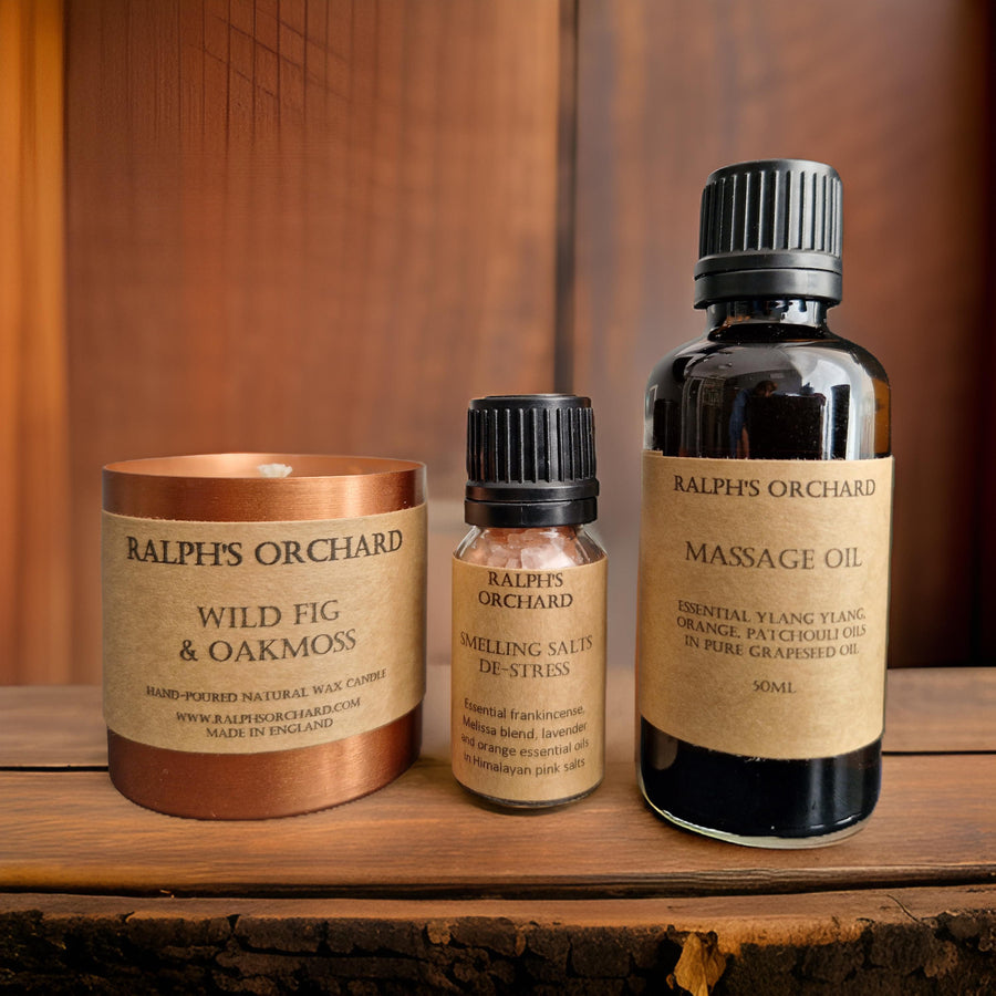 Luxury destress gift set with mini copper candle, premium massage oil, aromatic smelling salts, vegan and eco-friendly by Ralph's Orchard at brixbailey.com