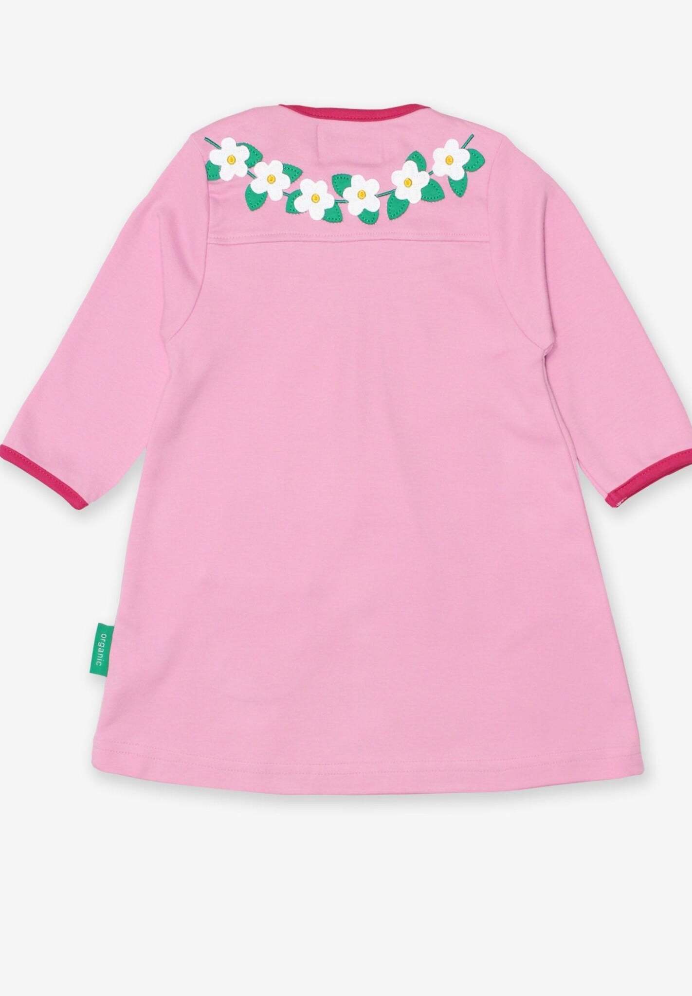 Luxury baby girl dress with daisy trim and playful bunny pocket, premium organic cotton, sizes 6-12 months and 1-2 years by Toby Tiger at brixbailey.com