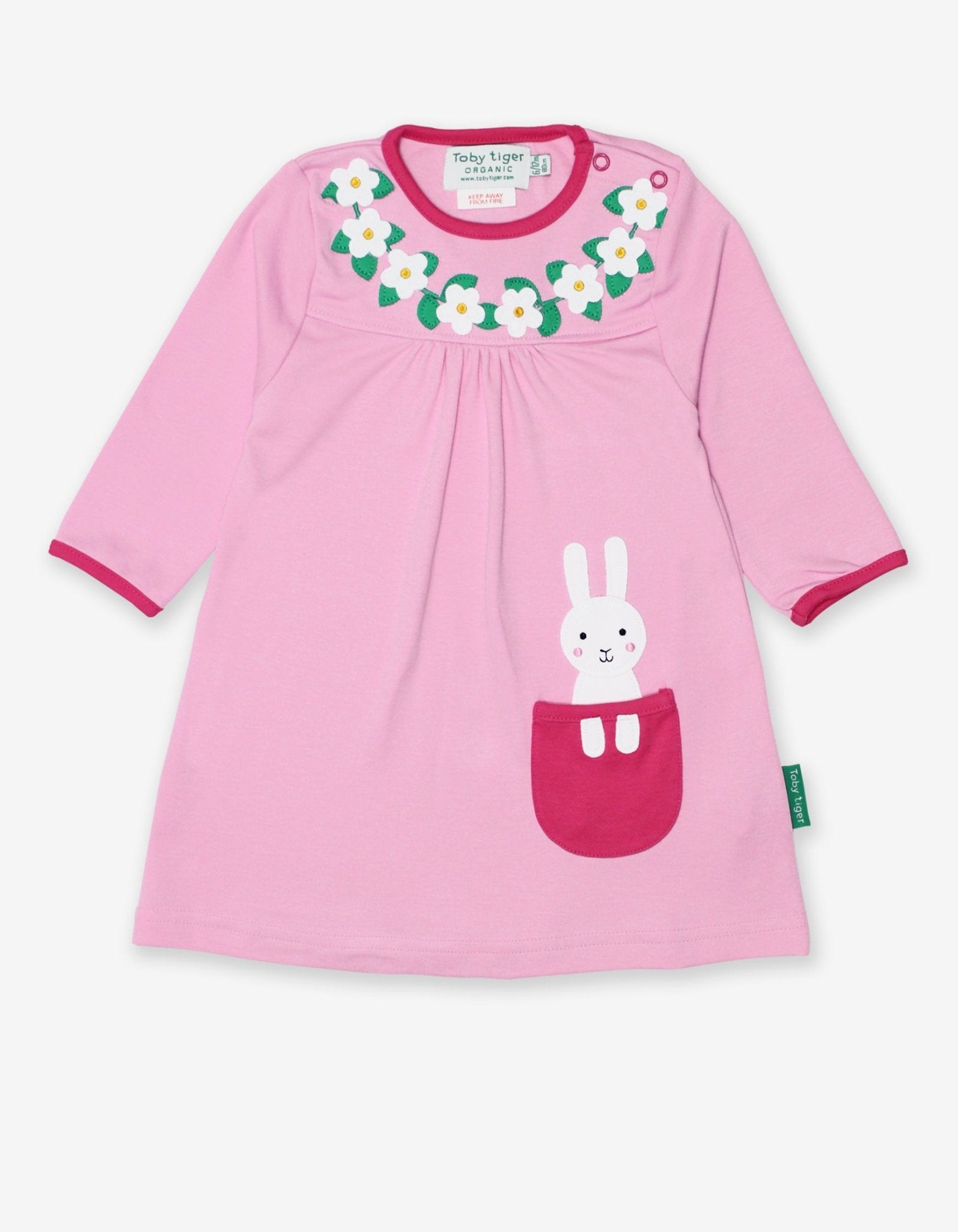 Luxury baby girl daisy print dress with bunny applique, pink floral spring outfit, sizes 6-12 months and 1-2 years by Toby Tiger at brixbailey.com