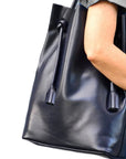Black Drawcord Leather Hobo Shoulder Bag