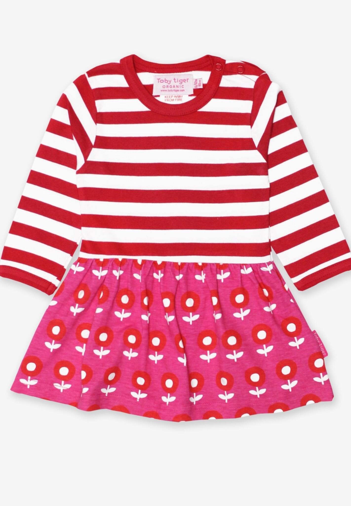 Luxury 70s-inspired floral print dress, purple skirt with red-white striped top, premium organic cotton, stylish and trendy by Toby Tiger at brixbailey.com