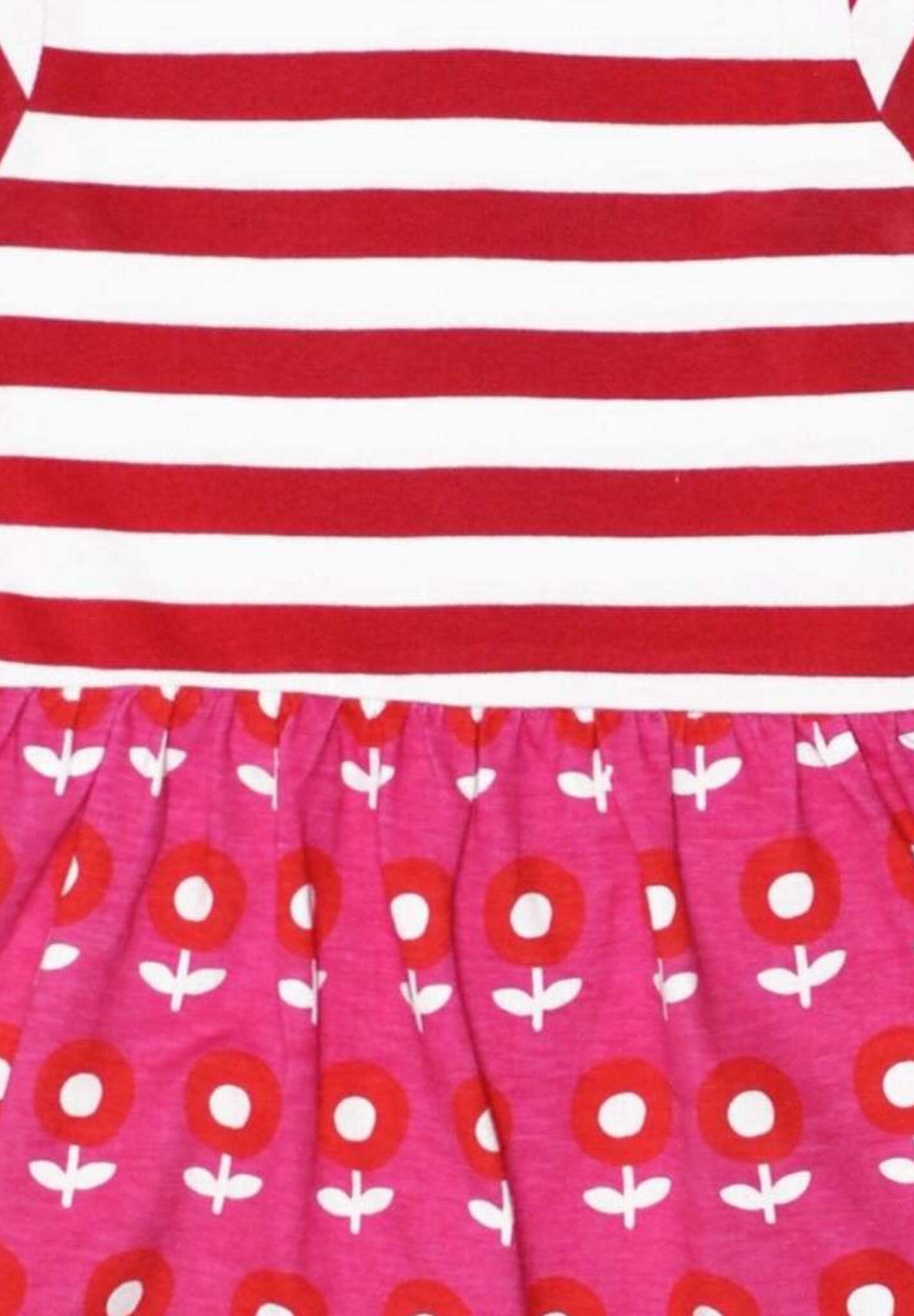 70s inspired floral print dress in purple with red and white stripes, stylish retro vintage baby outfit, premium organic cotton by Toby Tiger at brixbailey.com