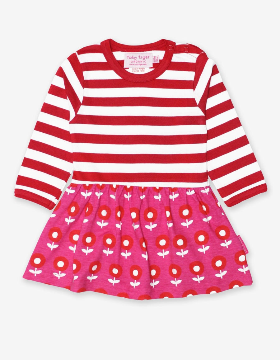 70s inspired floral print dress in purple and red-white stripes, premium organic cotton, funky stylish baby dress sizes 6-12 months 1-2 years by Toby Tiger at brixbailey.com