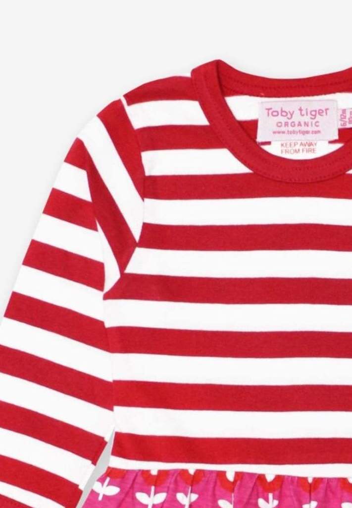 70s inspired floral print dress in purple with red and white stripes, premium organic cotton baby dress, stylish retro vintage outfit by Toby Tiger at brixbailey.com
