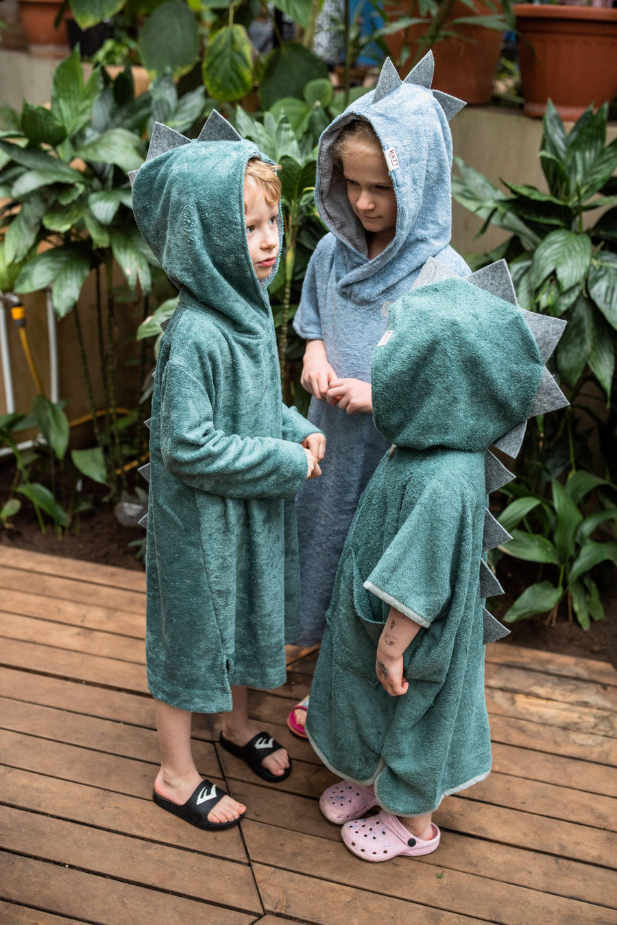 Toddler Bamboo Terry Dinosaur Poncho with Hood & Pockets