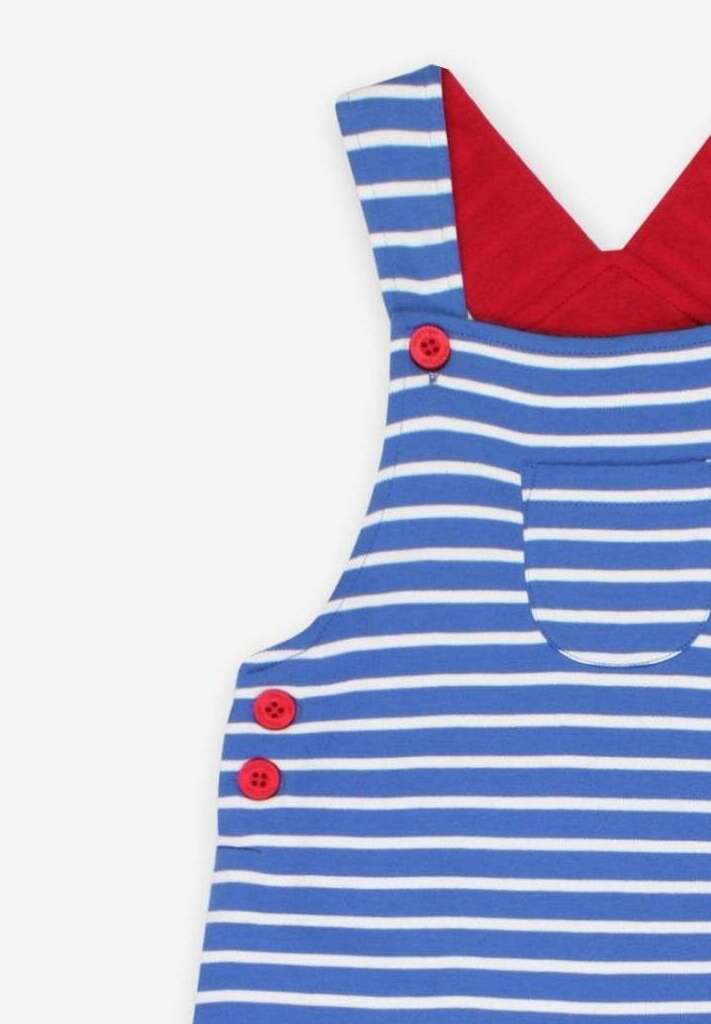 soft organic cotton striped dungarees with adjustable straps and snap fasteners by Toby Tiger at www.brixbailey.com