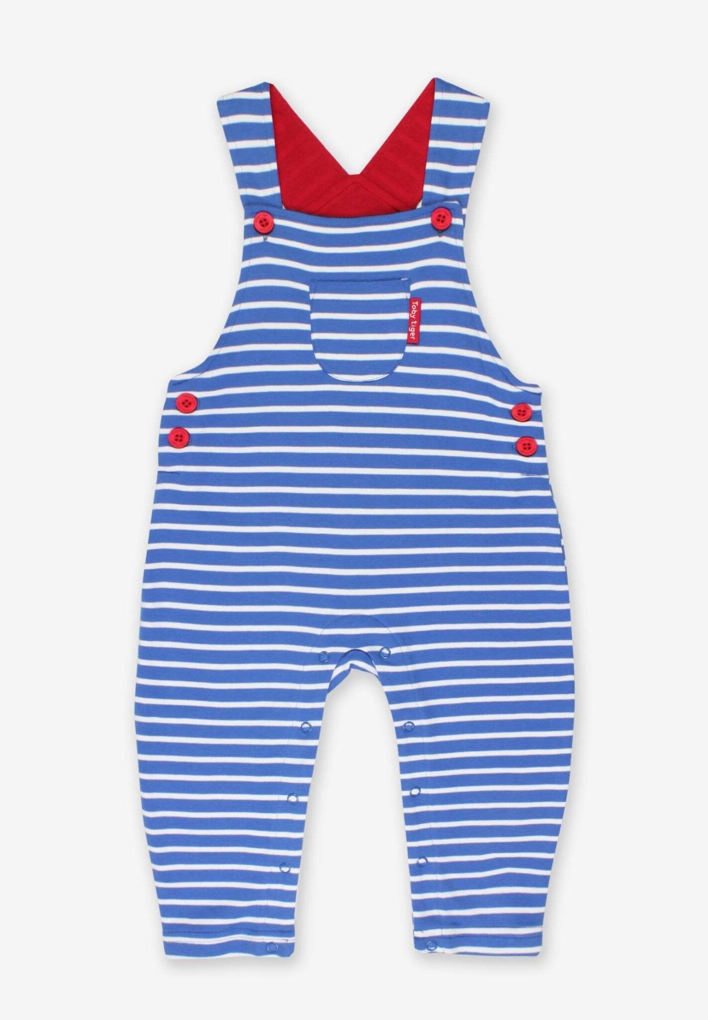 soft organic cotton striped dungarees with adjustable straps and snap buttons by Toby Tiger at www.brixbailey.com